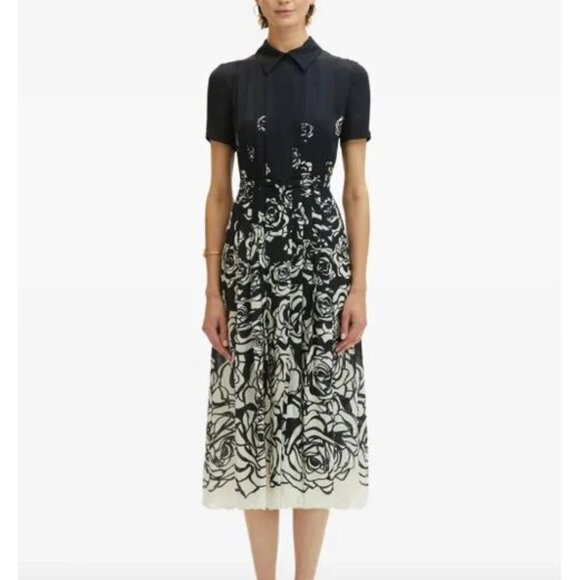 Oscar de la Renta Women's Black Rose-Print Midi Dress